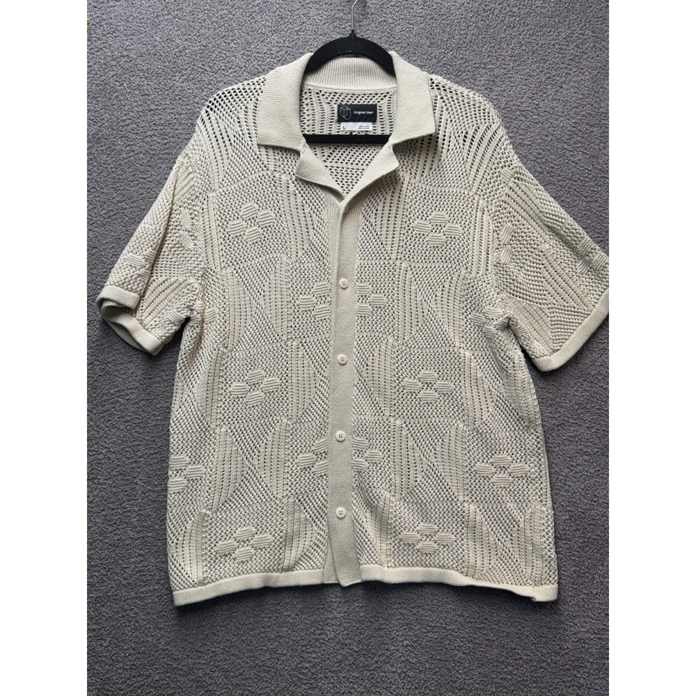 Original Use Crochet Knit Polo Shirt Men L Cream Open Knit Resort Beach Boho